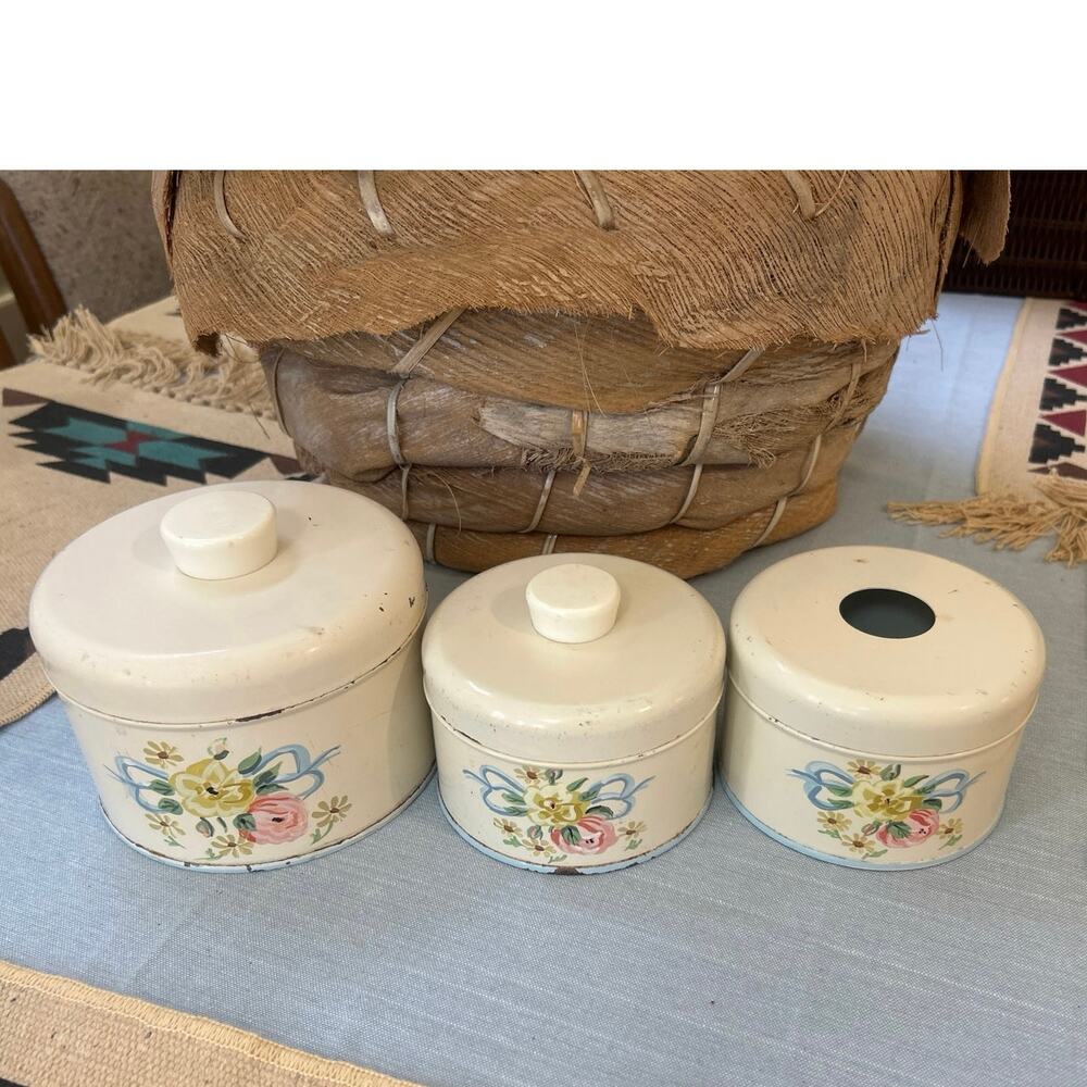 Vtg Vanity Tin Set of 3 Cream Color Floral Print Rustic Shabby Chic RANSBURG